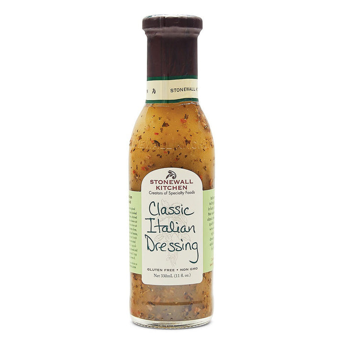 An 11 fl. oz. (330 ml) bottle of STONEWALL KITCHEN - CLASSIC ITALIAN DRESSING, ideal for marinating chicken, is shown. This gluten-free and non-GMO dressing features a light green label with black text displaying the Stonewall Kitchen brand and product name.