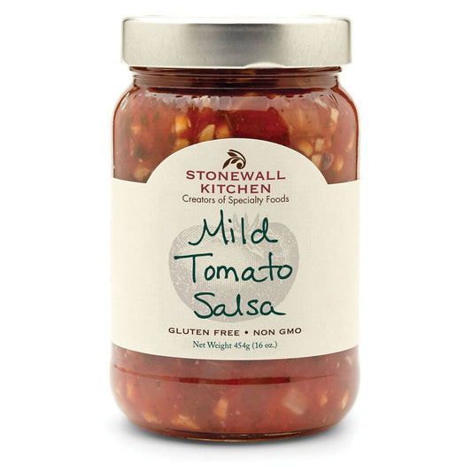 A jar of STONEWALL KITCHEN - MILD TOMATO SALSA promises authentic Mexican flavors. The label indicates that it is gluten-free, non-GMO, and has a net weight of 16 oz (454g). The salsa is visible through the clear glass jar and contains a mix of chopped tomatoes and other ingredients.