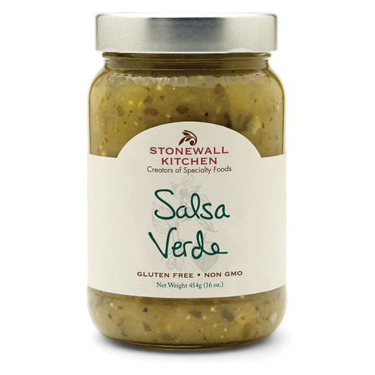 A jar of STONEWALL KITCHEN - SALSA VERDE is displayed against a white backdrop. The label highlights that it is gluten-free and non-GMO, with a net weight of 454 grams (16 ounces). The green salsa inside shows visible vegetable pieces, promising an authentic flavor inspired by a traditional Mexican recipe.