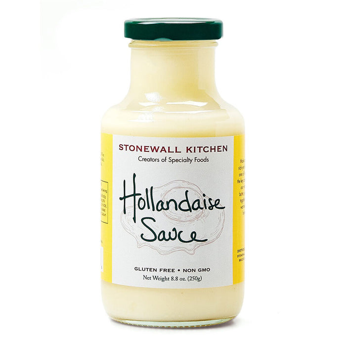 A glass jar of STONEWALL KITCHEN- HOLLANDAISE sauce with a yellow label and black lid, gluten free and non-GMO, 8.8 oz (250g)—perfect for eggs Benedict.