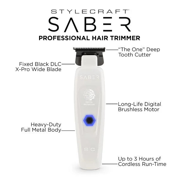 Stylecraft Saber Professional Hair Trimmer with Digital Brushless Motor - White