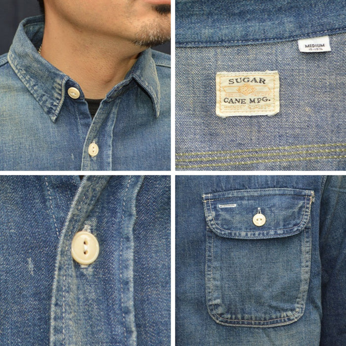 SUGAR CANE "SC29474" Blue Denim L/S Work Shirt Aged Model