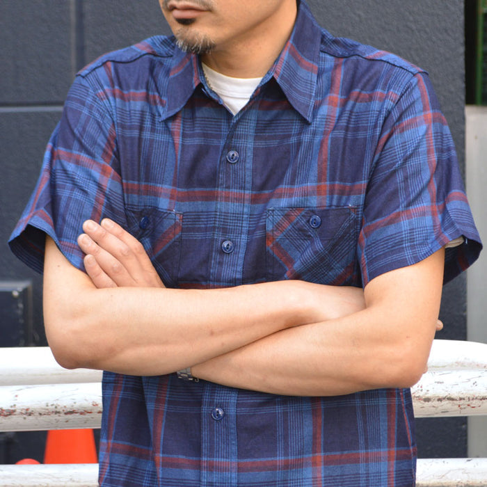 SUGAR CANE "SC39518" Indigo Check S/S Work Shirt