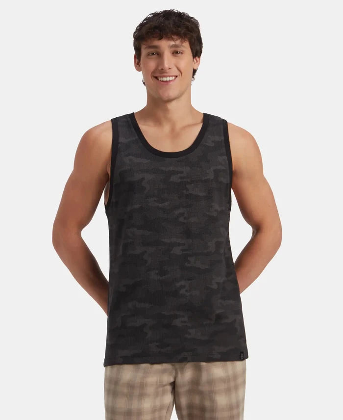 Super Combed Cotton Blend Printed Tank Top - Black