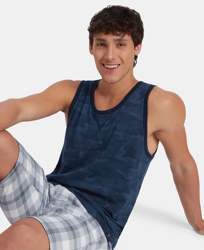 Super Combed Cotton Blend Printed Tank Top - Navy
