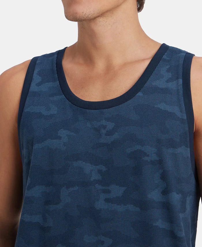 Super Combed Cotton Blend Printed Tank Top - Navy