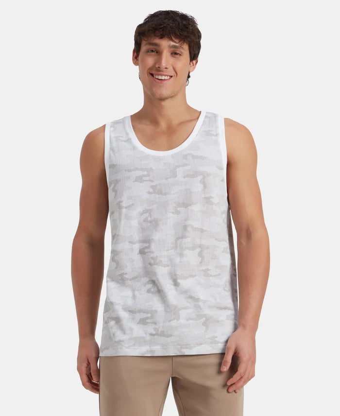 Super Combed Cotton Blend Printed Tank Top - White