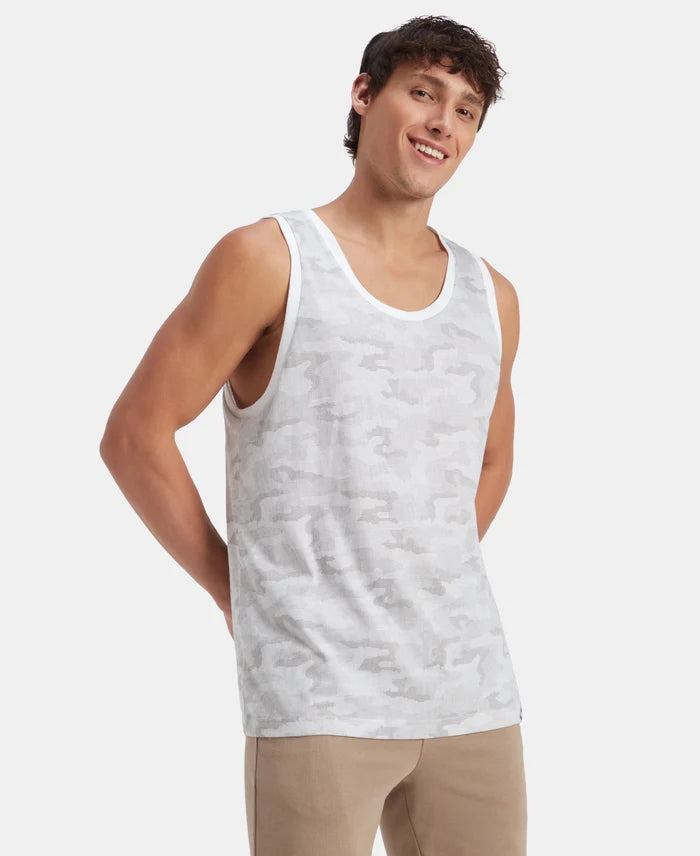 Super Combed Cotton Blend Printed Tank Top - White