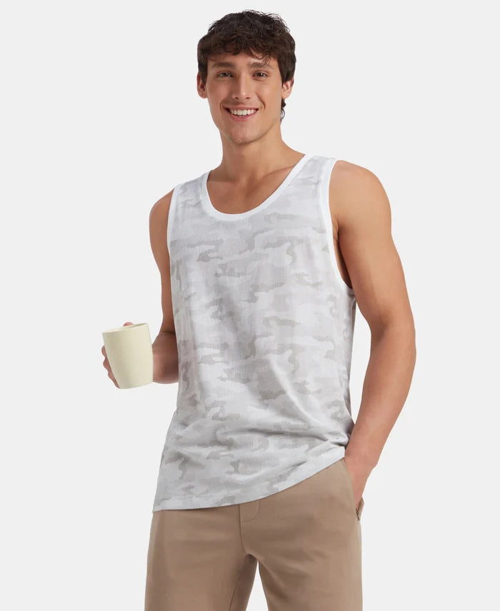 Super Combed Cotton Blend Printed Tank Top - White