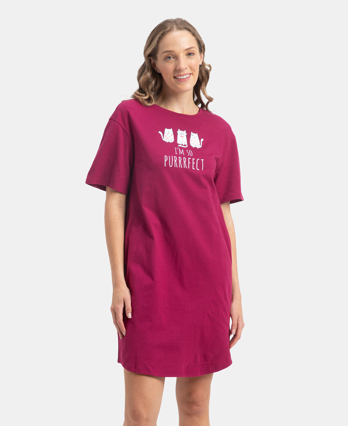 Super Combed Cotton Drop Shoulder Styled Curved Hem Printed Lounge Dress With Side Pockets - Raspberry Radiance
