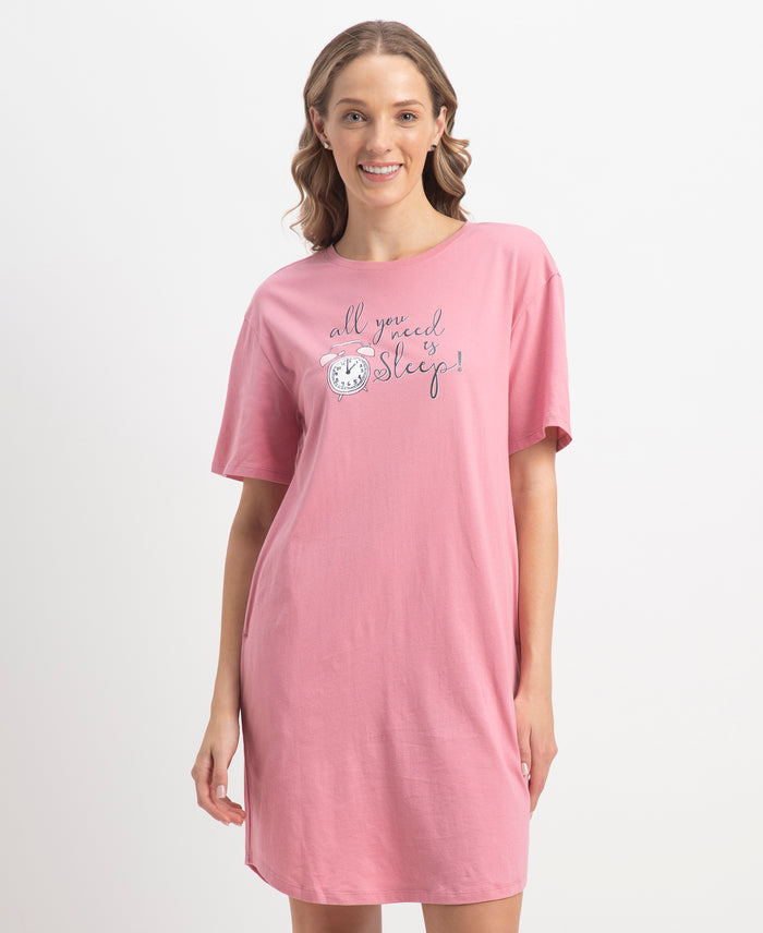 Super Combed Cotton Drop Shoulder Styled Curved Hem Printed Lounge Dress With Side Pockets - Cashmere Rose