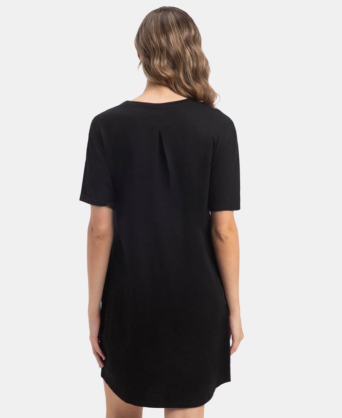 Super Combed Cotton Drop Shoulder Styled Curved Hem Printed Lounge Dress With Side Pockets - Black
