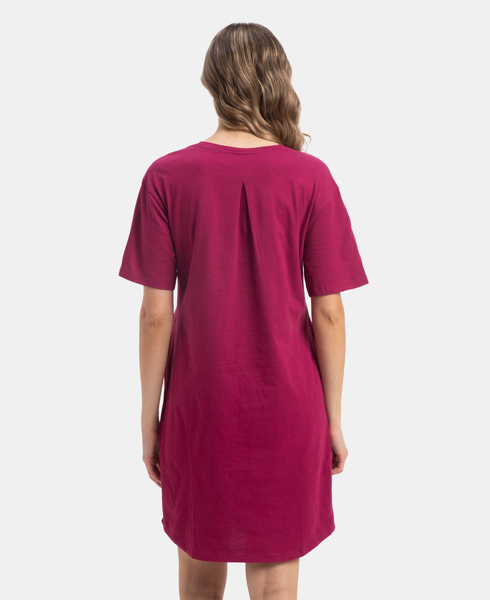 Super Combed Cotton Drop Shoulder Styled Curved Hem Printed Lounge Dress With Side Pockets - Raspberry Radiance