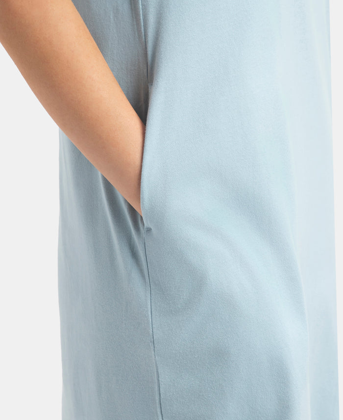 Super Combed Cotton Drop Shoulder Styled Curved Hem Printed Lounge Dress With Side Pockets - Forget Me Not