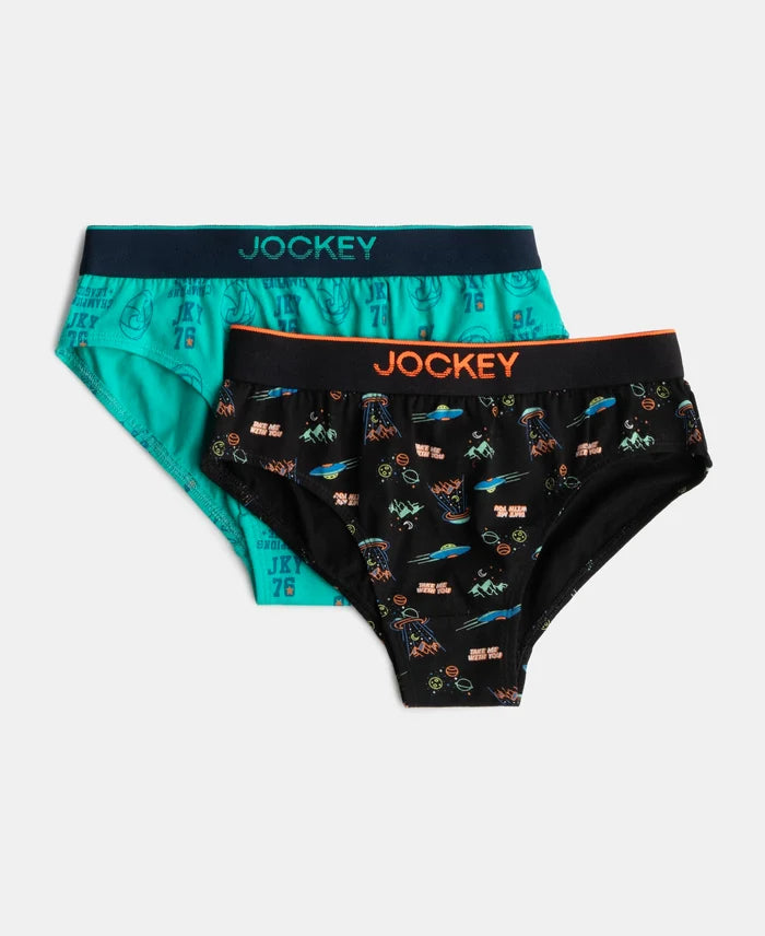 Super Combed Cotton Elastane Stretch Printed Brief with Ultrasoft Waistband - Black & Billiard Green (Pack of 2)