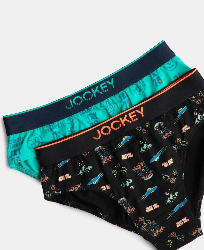 Super Combed Cotton Elastane Stretch Printed Brief with Ultrasoft Waistband - Black & Billiard Green (Pack of 2)