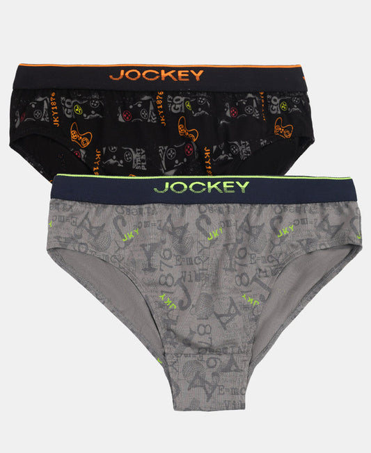 Super Combed Cotton Elastane Stretch Printed Brief with Ultrasoft Waistband - Grey & Black (Pack of 2)