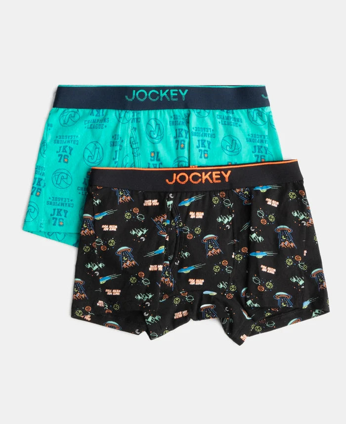 Super Combed Cotton Elastane Stretch Printed Trunk with Ultrasoft Waistband - Black & Billiard Green (Pack of 2)