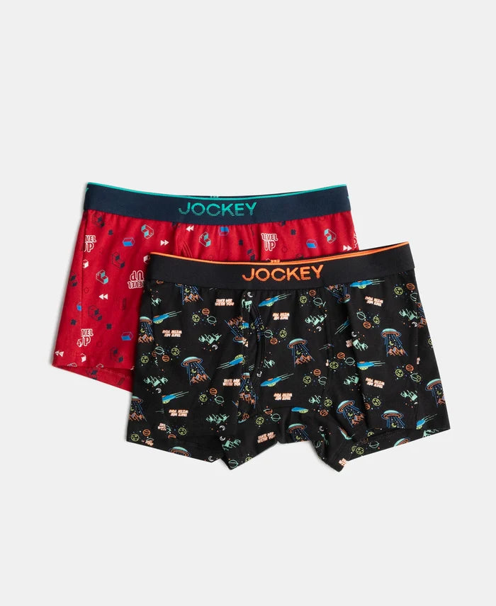 Super Combed Cotton Elastane Stretch Printed Trunk with Ultrasoft Waistband - Chilli Pepper & Black (Pack of 2)