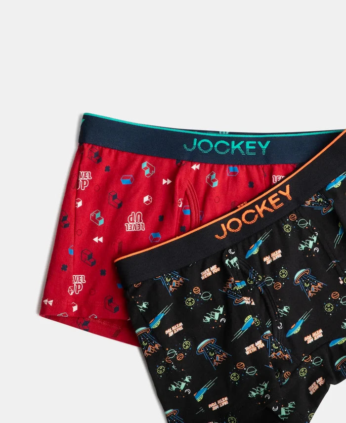 Super Combed Cotton Elastane Stretch Printed Trunk with Ultrasoft Waistband - Chilli Pepper & Black (Pack of 2)