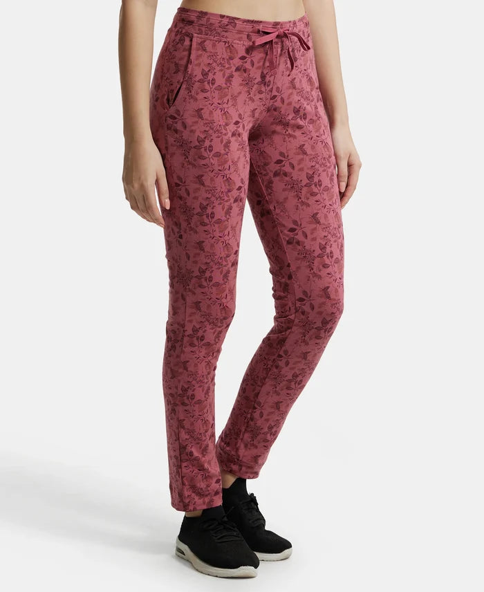Super Combed Cotton Elastane Stretch Slim Fit Trackpants With Side Pockets - Rosewine Print