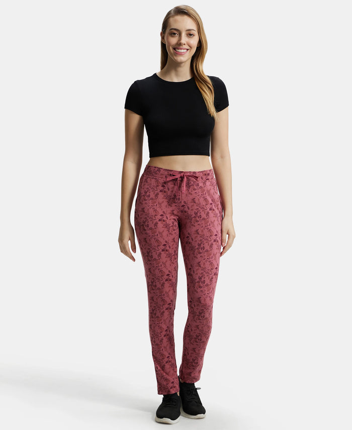 Super Combed Cotton Elastane Stretch Slim Fit Trackpants With Side Pockets - Rosewine Print