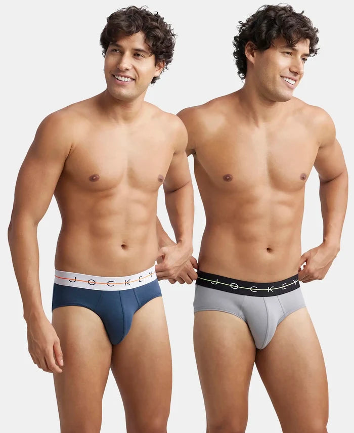 Super Combed Cotton Elastane Stretch Solid Brief with Ultrasoft Waistband - Mid Night Navy & Monument (Pack of 2)