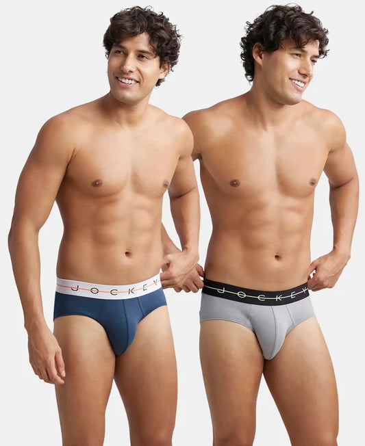 Super Combed Cotton Elastane Stretch Solid Brief with Ultrasoft Waistband - Mid Night Navy & Monument (Pack of 2)