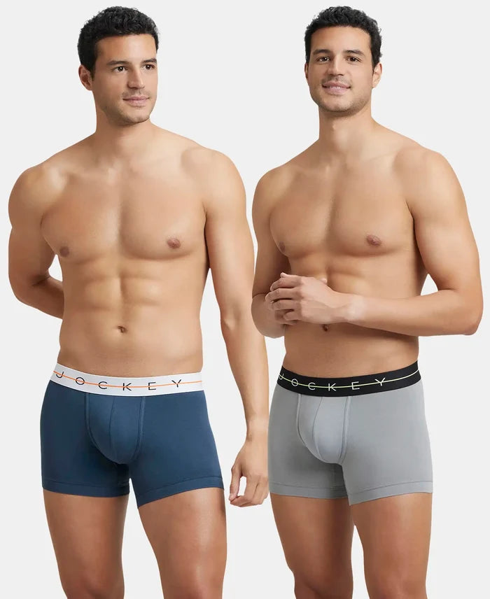 Super Combed Cotton Elastane Stretch Solid Trunk with Ultrasoft Waistband - Mid Night Navy & Monument (Pack of 2)
