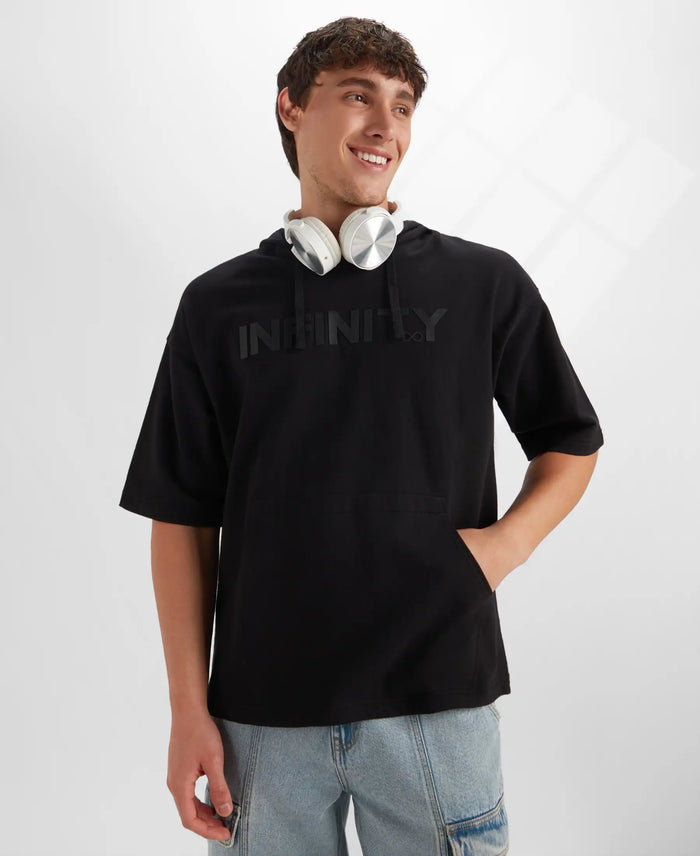 Super Combed Cotton French Terry Oversized Hoodie T-Shirt - Deep Black