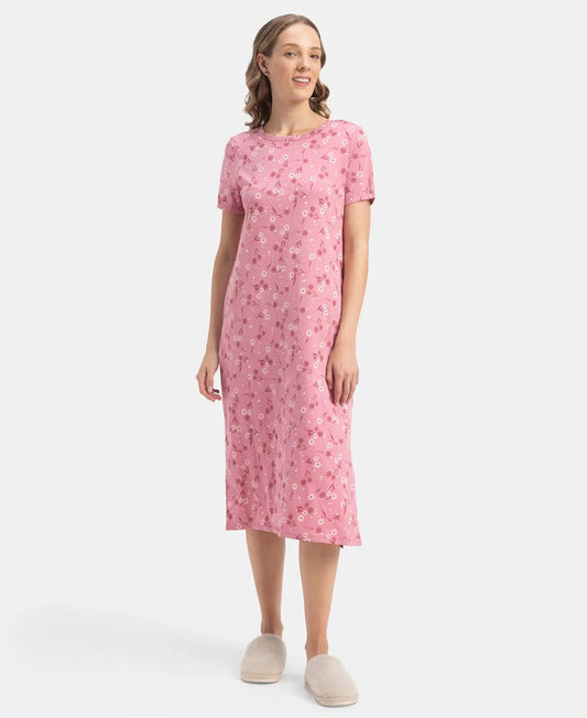 Super Combed Cotton Long Length Printed Lounge Dress - Cashmere Rose