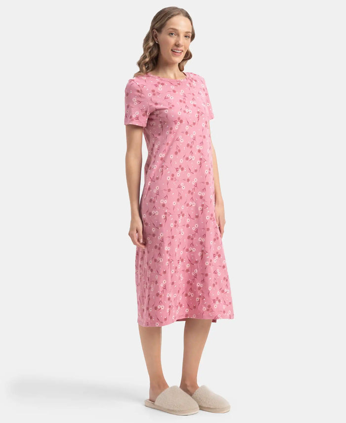 Super Combed Cotton Long Length Printed Lounge Dress - Cashmere Rose