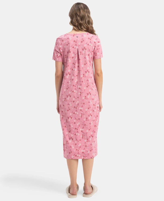 Super Combed Cotton Long Length Printed Lounge Dress - Cashmere Rose