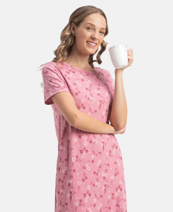 Super Combed Cotton Long Length Printed Lounge Dress - Cashmere Rose