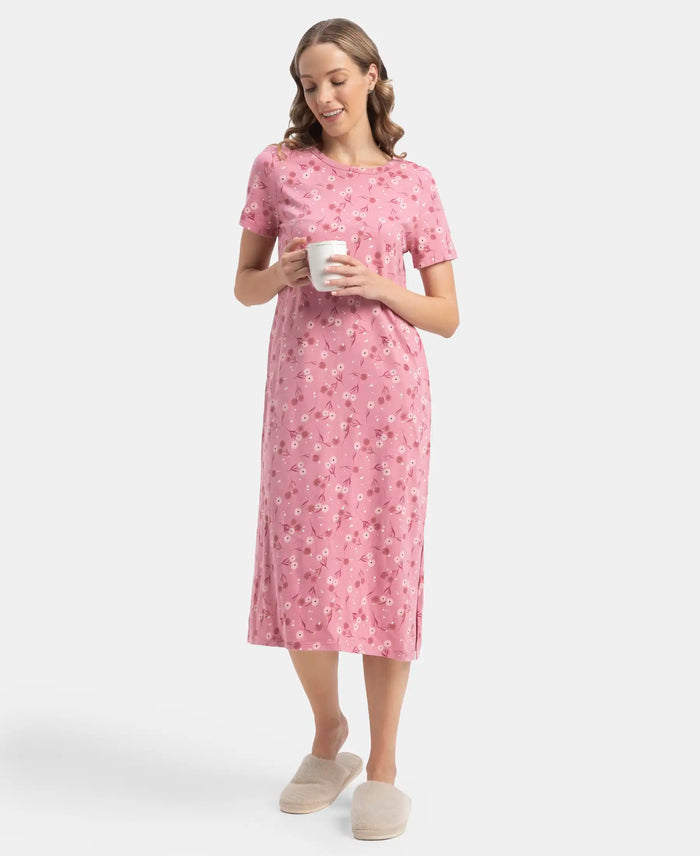 Super Combed Cotton Long Length Printed Lounge Dress - Cashmere Rose