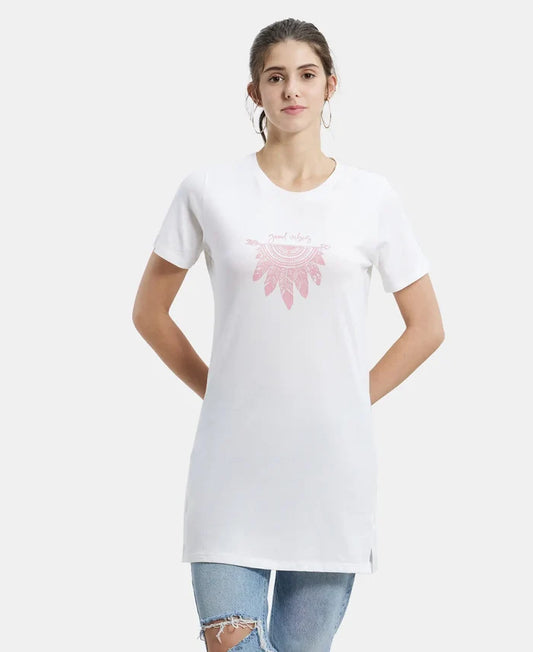 Super Combed Cotton Relaxed Fit Graphic Printed Half Sleeve Long Length T-Shirt - White Assorted Prints-1