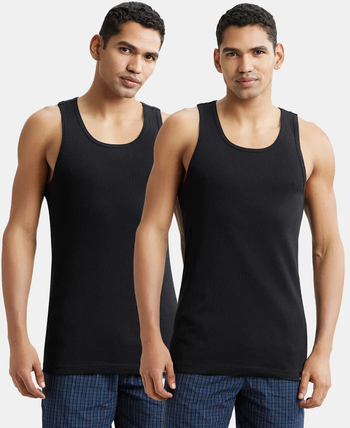 Super Combed Cotton Rib Round Neck with Racerback Gym Vest - Black (Pack of 2)