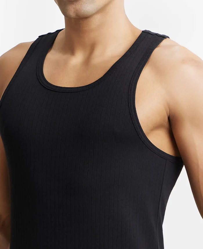 Super Combed Cotton Rib Round Neck with Racerback Gym Vest - Black (Pack of 2)