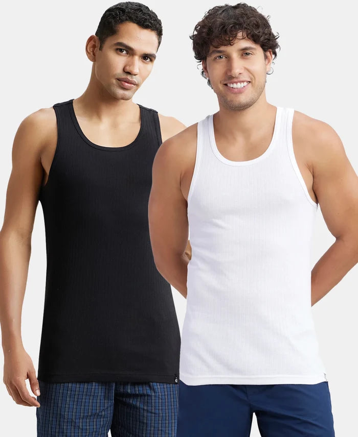 Super Combed Cotton Rib Round Neck with Racerback Gym Vest - Black & White (Pack of 2)