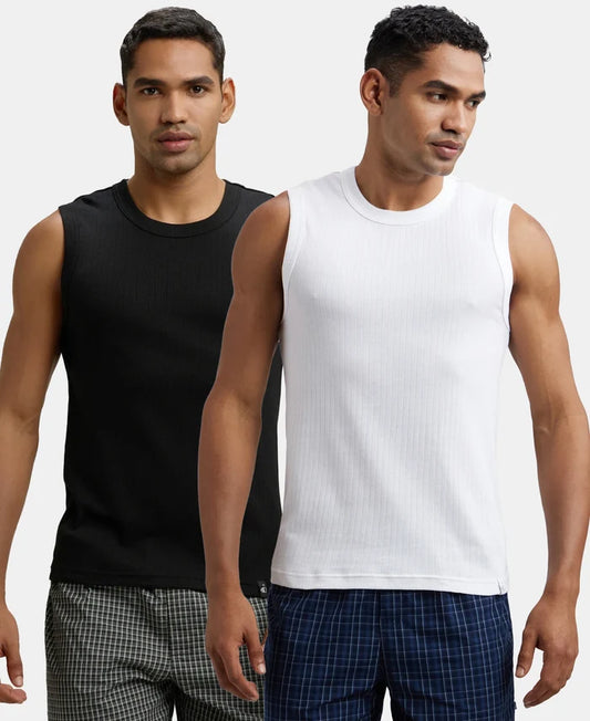 Super Combed Cotton Rib Solid Round Neck Muscle Vest - Black & White (Pack of 2)