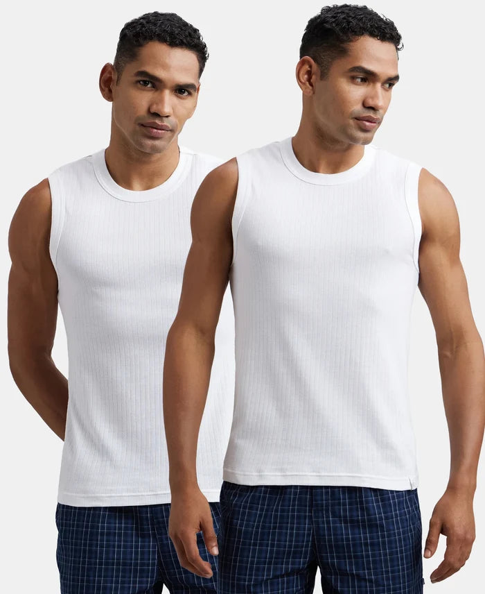 Super Combed Cotton Rib Solid Round Neck Muscle Vest - White (Pack of 2)
