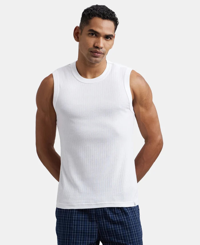 Super Combed Cotton Rib Solid Round Neck Muscle Vest - White (Pack of 2)