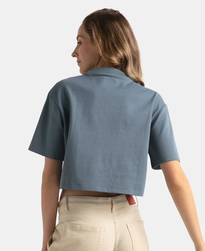Super Combed Cotton Rich Elastane Stretch Oversized Boxy Fit Crop Top - Blue Mirage