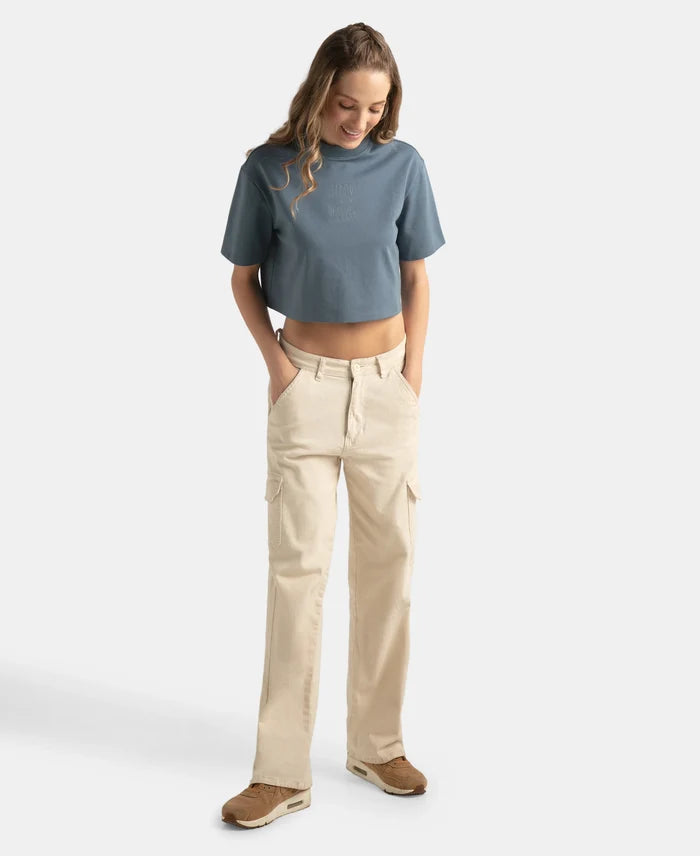 Super Combed Cotton Rich Elastane Stretch Oversized Boxy Fit Crop Top - Blue Mirage