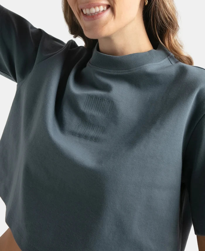 Super Combed Cotton Rich Elastane Stretch Oversized Boxy Fit Crop Top - Blue Mirage