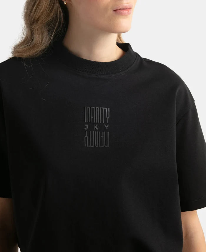 Super Combed Cotton Rich Elastane Stretch Oversized Boxy Fit Crop Top - Deep Black