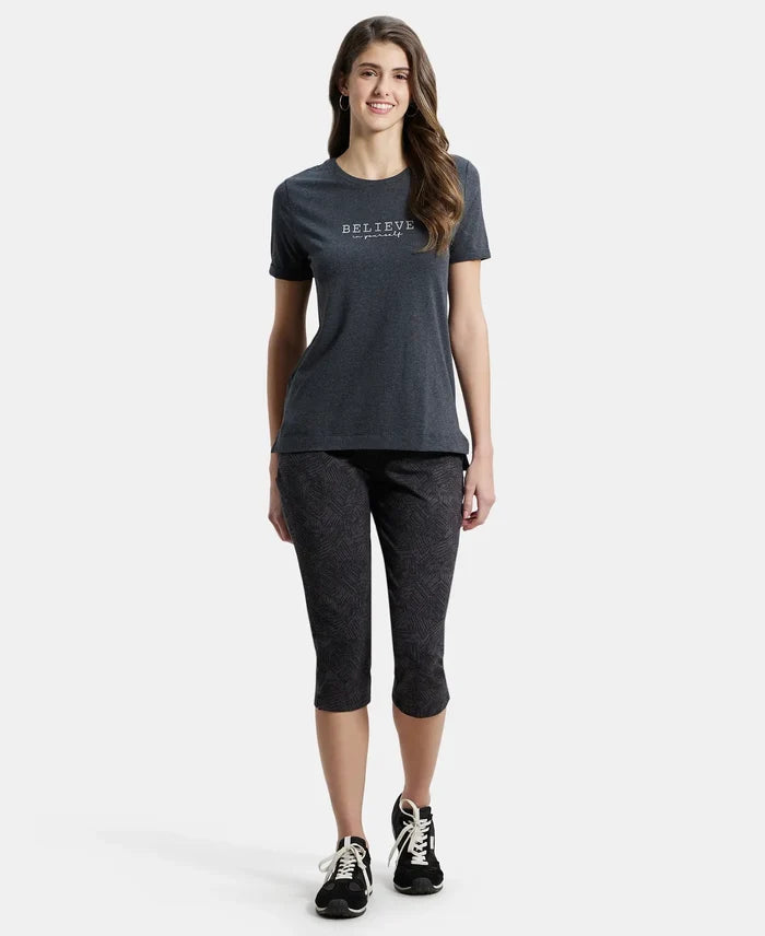 Super Combed Cotton Rich Elastane Relaxed Fit Graphic Printed Round Neck Half Sleeve T-Shirt - Black Melange-4
