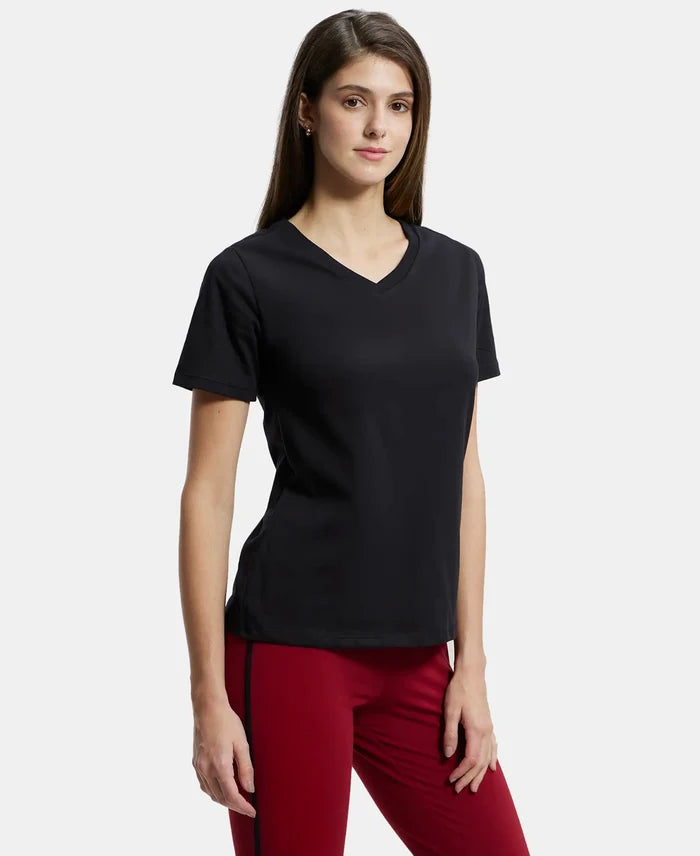 Super Combed Cotton Rich Fabric Relaxed Fit V-Neck Half Sleeve T-Shirt - Black-2