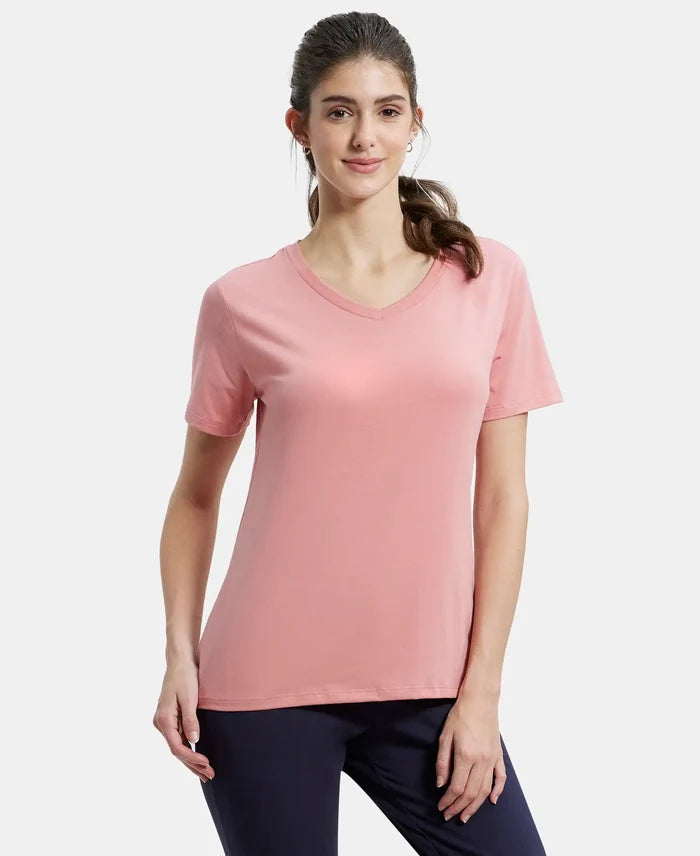 Super Combed Cotton Rich Fabric Relaxed Fit V-Neck Half Sleeve T-Shirt - Brandied Apricot-1