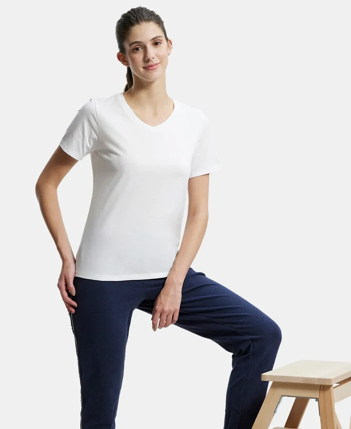 Super Combed Cotton Rich Fabric Relaxed Fit V-Neck Half Sleeve T-Shirt - White-5